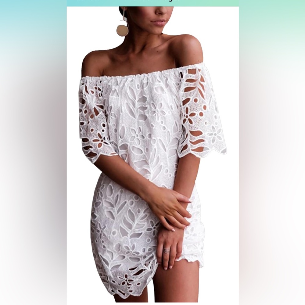 Pretty Garden floral lace off shoulder dress bright white large NWT